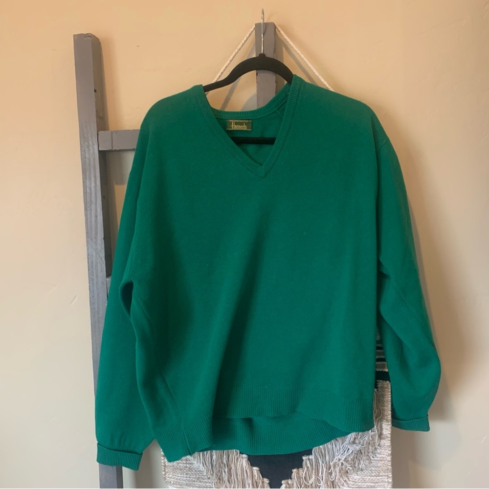 Harrods Vintage V Neck Pullover Sweater Green Women’s Size L #340